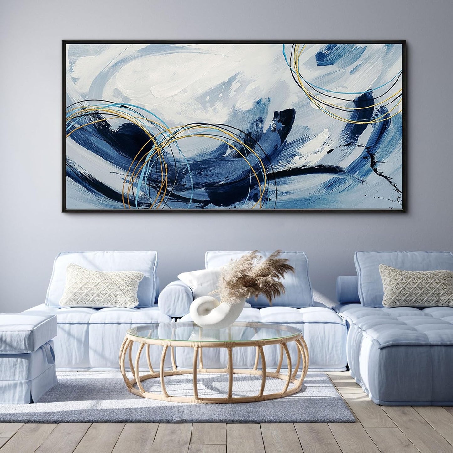 yiijeah Wall Art for Living Room - Navy Blue Large Canvas Wall Art for Farmhouse Wall Decor Abstract Paintings Modern Framed Artwork for Walls Blue and White Bedroom Office Contempor Decoration