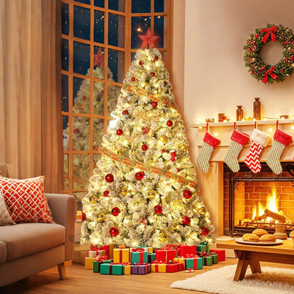 GarveeHome 7.5ft Prelit Artificial Christmas Tree with Warm White Lights, Snow Flocked Full Xmas Tree with 1050 Branch Tips, 450 LED Lights & Foldable Stand, Green & White Christmas Decorations
