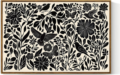 VIYYIEA Framed Canvas Wall Art, Black and White Large Wall Art for Living Room, Print Paintings, Boho Home Office Decor, Bedroom Wall Decor -【Flowers & Birds】-(24"x36")
