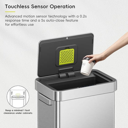 EKO Deluxe Mirage-T 50 Liter / 13.2 Gallon Touchless Rectangular Motion Sensor Trash Can, Matte Stainless Steel Finish