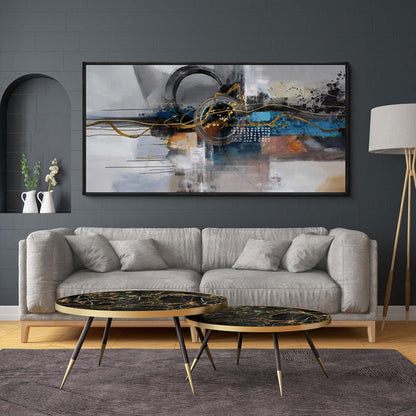 XLSJERST Large Abstract Frame Wall Art - Black and Blue Cnavas Framed Artwork for Walls Modern Minimalist Boho Gray Pictures Wall Decor for Living Room Bedroom Office Home Decoration 24x48 Inches