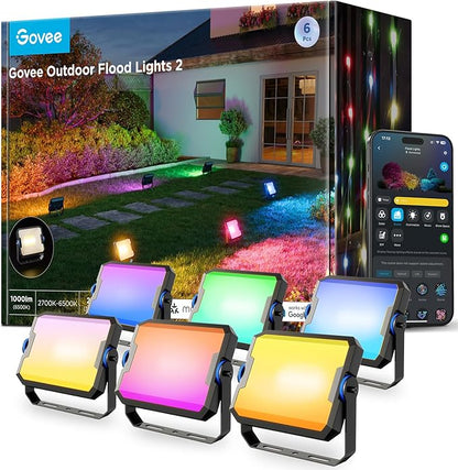 Govee Outdoor Flood Lights 2, RGBIC Warm Cold White LED Lights for Outdoor Decorations, 50 Scene Modes, Landscape Lighting, Upgraded IP66 with App Control, Wired 6 Pack