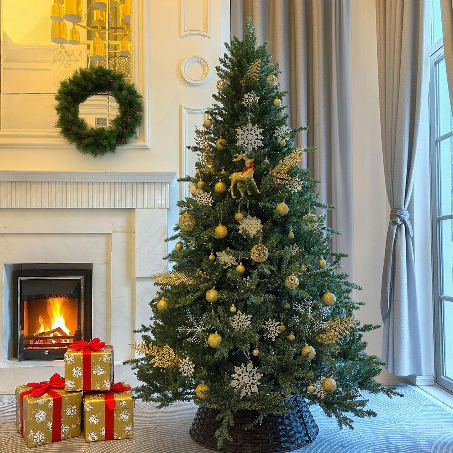 7.5 FT Artificial Christmas Tree with 2239 PE&PVC Mixed Branch Tips, Unlit Hinged Premium Spruce Fake Xmas Trees, Green, Foldable Base