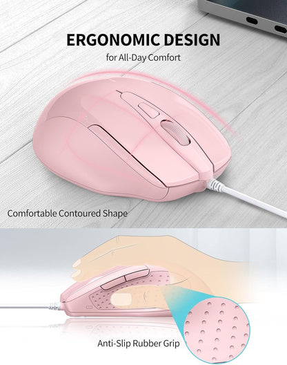 TECKNET Wired Mouse, 6-Button Corded with 4 Adjustable DPI, Optical Ergonomic Design, 5FT Cord for Laptop, Chromebook, PC, Desktop, Mac, Notebook - Pink