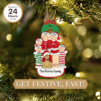 Personalized Family of 5 with Dog Ornament 2025 | Free 24h Customization | Christmas Ornaments for Tree | Custom Gift Wrapped Pet Keepsake for Dog-Lovers