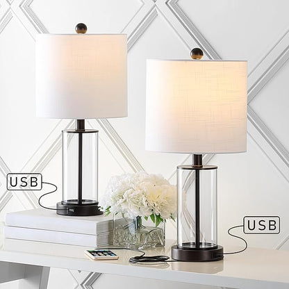 JONATHAN Y 21" Oil Rubbed Bronze/Clear Modern Glass Table Lamp Set of 2, Bedside Nightstand Lamps with USB Charging Port, White Linen Shade, LED Bulbs Included JYL8500A-SET2