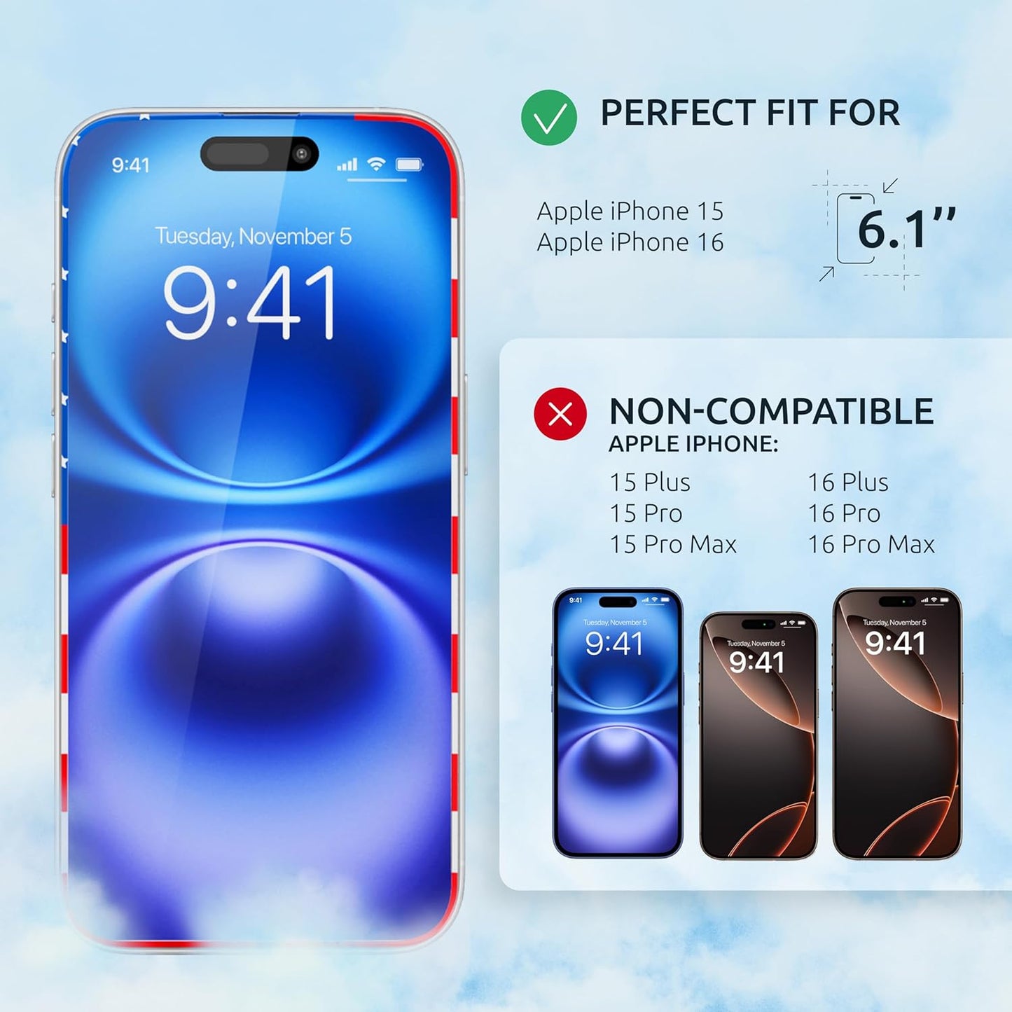Screen Protector for IPhone 15/16- Tempered Glass Screen Protector for IPhone 16/15 with Frame US FLag Color and Black - Full Screen Coverage 9H - Easy Installation (2 Pack)
