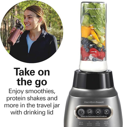 Hamilton Beach Wave Action Blender for Smoothies, Stainless Steel Ice Sabre Blades, 40oz Glass Jar, 20oz Blend-In Portable Travel Jar, 800 Watts, Quiet Design, Gray (58181)