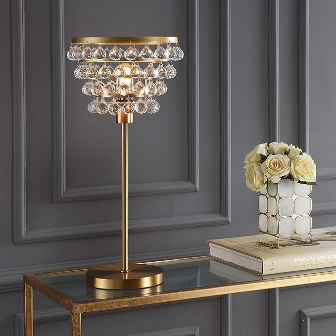 JONATHAN Y 25" Brass Gold/Clear Table Lamp, Modern Industrial Chandelier Style Light, Clear Crystal Beads, Glam Bedside Nightstand Lamp for Bedroom Living Room, LED Bulb Included (JYL9004B)