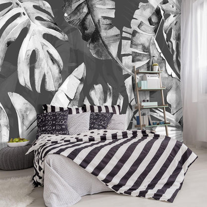 -Tropical Botanical Grey Banana Leaf Fabric Wallpaper Living Room Bedroom Bathroom Plant Large Wall Mural- 137"x96"（ not Peel and Stick）
