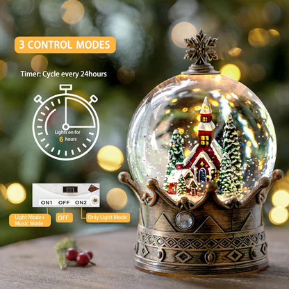 Christmas Snow Globe Lantern Water Glittering Churche Crown with Music, USB Lined/Battery Operated Lighted Lantern for Christmas Festival Decoration Gifts