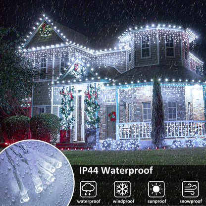 Icicle Lights for Outside, 33FT 400 LED Icicle Christmas Lights with 8 Modes 75 Drops, Waterproof Plug in Curtain String Lights for Outdoor Indoor House Yard Roof Wedding Decorations, White