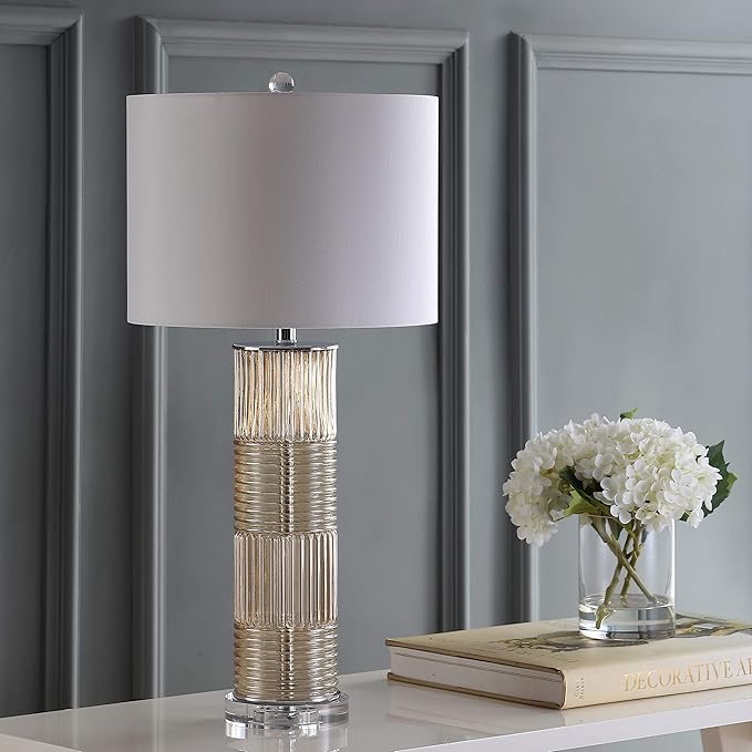JONATHAN Y 30" Champagne Glass and Crystal Table Lamp, Contemporary Transitional Pillar Lamp for Living Room Bedroom, White Faux Silk Drum Shade, LED Bulb Included JYL2064A