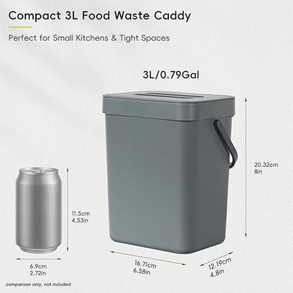 EKO Puro Mini Wall-Mounted Kitchen Trash Can with Lid Food Waste Caddy, 0.79 Gal / 3L (Grey)