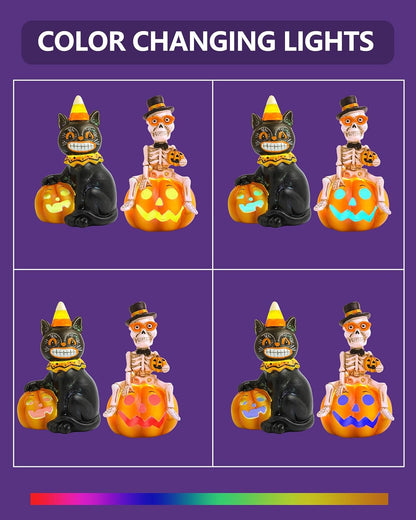 Vintage Halloween Decorations Indoor - 2-Pack 4.7'' Resin Skeleton Gentleman & Black Cat Figurine with Flickering Pumpkin Lights - Halloween Table Decor Ornaments Gifts (Jack-O’-Lantern)