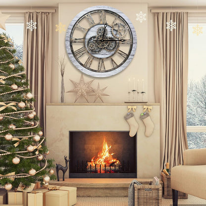 The B-Style Large Wall Clock 24 inch Moving Gear Wall Clock Oversized Vintage Farmhouse Wall Clocks for Living Room Decor Rustic Industrial Wood Clock (Silver Gray and Bronze)