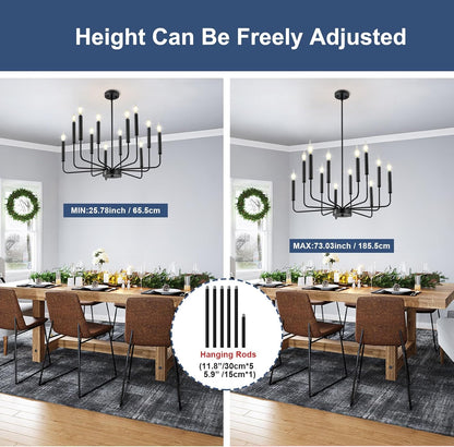 Modern Black Farmhouse Chandeliers, 12-Light Industrial Metal Chandelier Lighting, Classic Candle Hanging Pendant Light Fixtures for Living Room, Dining Room, Kitchen, Bedroom, Entryway