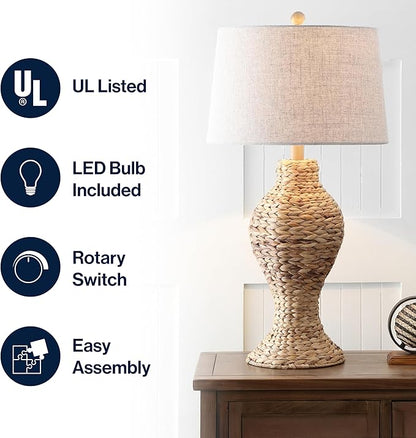 JONATHAN Y 31" Natural Woven Water Hyacinth Table Lamp for Living Room, Coastal Farmhouse Urn Bedside Lamp with Gray Linen Drum Shade, LED Bulb Included JYL1015A