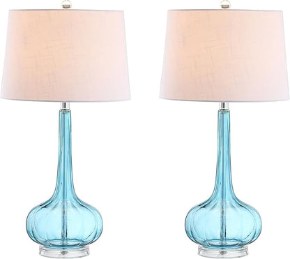 JONATHAN Y 28.5" Aqua Glass Teardrop LED Table Lamp Set of 2 for Living Room Bedroom Nightstand, White Linen Shade Modern Transitional Bedside Desk Lamp (JYL1079B-SET2)