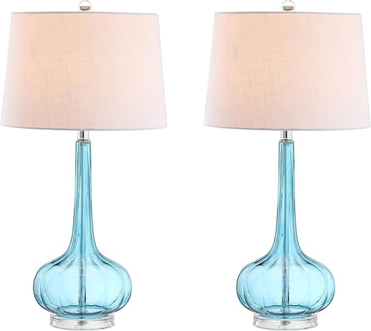 JONATHAN Y 28.5" Aqua Glass Teardrop LED Table Lamp Set of 2 for Living Room Bedroom Nightstand, White Linen Shade Modern Transitional Bedside Desk Lamp (JYL1079B-SET2)