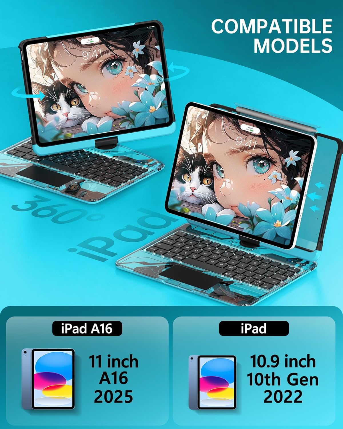 Intermerge Clear A16 11th (2025) & 10th Generation 10.9" Case with Keyboard, 360° Transparent Multi-Touch Trackpad, 7-Color RGB Keyboard, Pencil Holder, Type-C, Power Indicator, Aqua Pulse