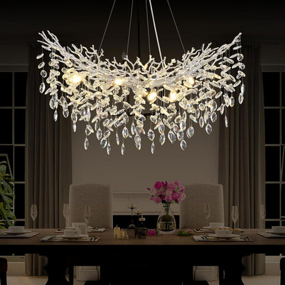 Modern Crystal Silver Chandelier, 36" Large Rectangular Oval Tree Branch Crystal Chandeliers for Dining Room,16-Light Flush Mount K9 Crystal Chandeliers, for Kitchen Island,Dining Room