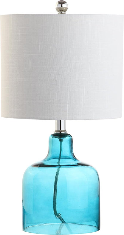 JONATHAN Y 19" Moroccan Blue Glass Bell Table Lamp for Living Room Bedroom, White Linen Drum Shade, Modern Coastal Bedside Nightstand Lamp with LED Bulb, UL Listed JYL1027A