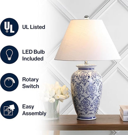 JONATHAN Y 26.25" Blue/White Chinoiserie Ceramic Table Lamp, Traditional Asian-Inspired Urn Lamp for Living Room Bedroom, White Linen Shade, LED Bulb Included JYL8023A