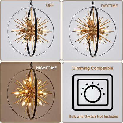 23.2'' Black Gold 12-Light Globe Sputnik Chandelier Modern Industrial Adjustable Hanging Ceiling Firework Pendant Light Fixture for Entryway Foyer Bedroom Dining Living Room Hallway