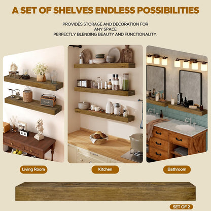 Floating Shelves 3 inch Thick for Wall Set of 2,Solid Pine Wood Wall Mount Shelf for Kitchen Living Room Bedroom Bathroom,8" D x 60" L x 3" H-Black Walnut