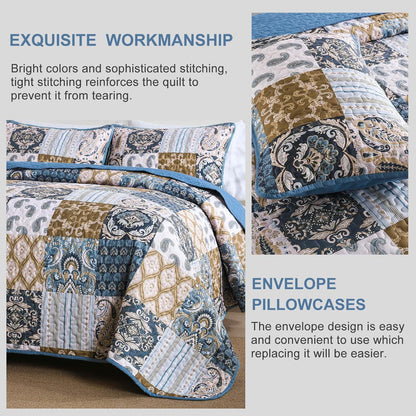 WONGS BEDDING Boho Quilt Set Queen Size, Blue Patchwork Plaid Bedspread Bedding Sets Paisley Soft Microfiber Quilts for Queen Bed 3 Pieces Coverlet Set for All Season (96"x90")