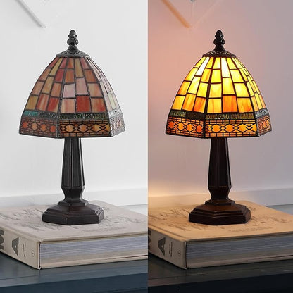 JONATHAN Y 12" Red/Yellow Tiffany-Style Table Lamp for Bedroom Nightstand Decor, Ivory Cream Stained Glass Shade, Small Vintage Handcrafted LED Traditional Bedside Lamp (JYL8016B)
