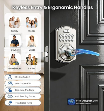 Veise Keypad Door Lock with Handle, Keyless Entry for Front Door & Bedroom, Electronic Lock with Code, Auto-Locking, Easy Installation, Passage Mode, Satin Nickel