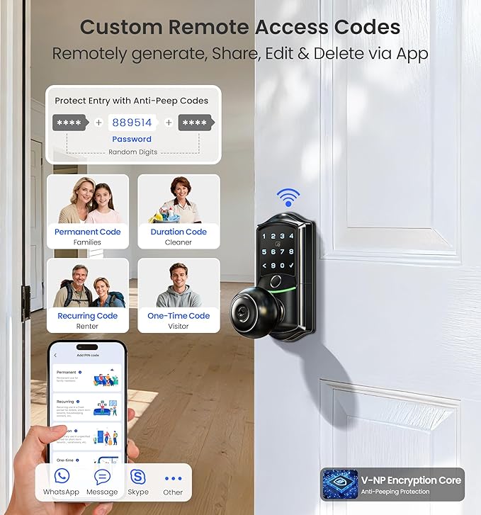 Veise VE028 Built-in Wi-Fi Smart Lock with Knob, Fingerprint Keyless Entry with Handle, App Remote & Voice Control, Electronic Digital Keypad for Front Door and Bedroom, IP65 Waterproof, Matte Black