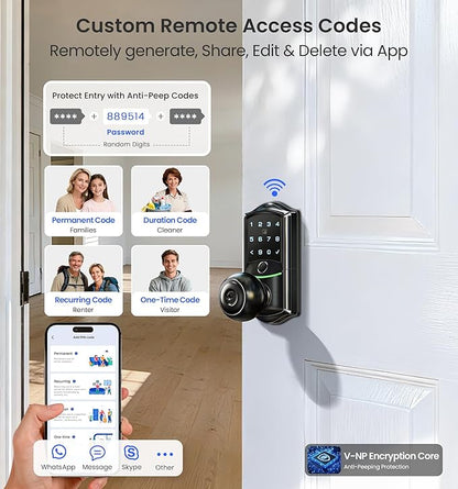 Veise VE028 Built-in Wi-Fi Smart Lock with Knob, Fingerprint Keyless Entry with Handle, App Remote & Voice Control, Electronic Digital Keypad for Front Door and Bedroom, IP65 Waterproof, Matte Black