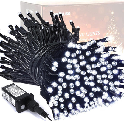 JMEXSUSS 200 LED White Christmas Lights Outdoor, 66ft Christmas Tree Lights Green Wire, 8 Modes Waterproof Twinkle String Lights Plug in for Xmas Wedding Party Indoor Decoration