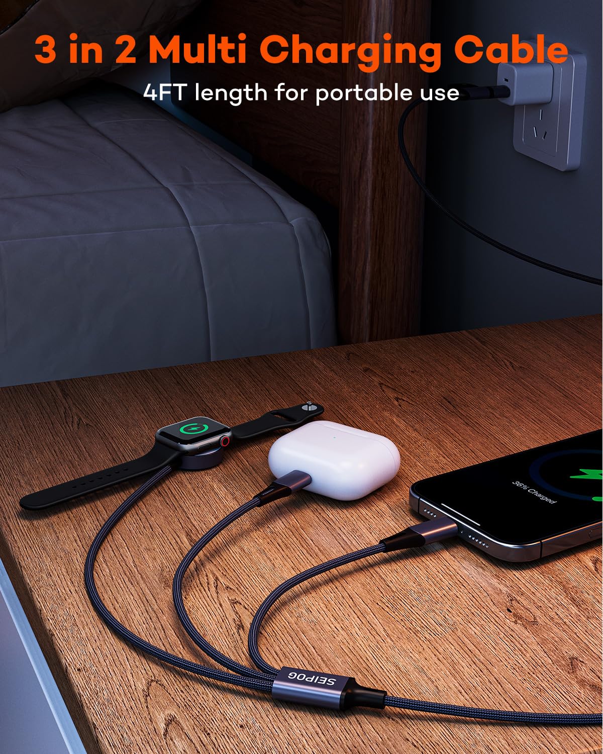 3 in 2 Multi Charging Cable for Apple Watch Charger, Nylon Braided 4FT Multi Chargers for All Devices, USB C Multiple Charger Cord Compatible with iPhone 16 15 14/iWatch UItra/SE/9-1/Galaxy Android