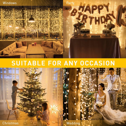 JMEXSUSS 600 LED Christmas Curtain Lights Outdoor, 9.5x19.6ft Christmas String Light Plug in with Remote, 8 Modes Wall Hanging Lights for Bedroom Party Backdrop Wedding Xmas Decor, Warm White