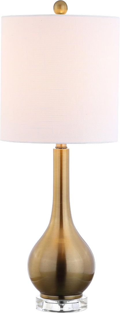 JONATHAN Y 25" Brass Gold Metal and Crystal Teardrop LED Table Lamp for Bedroom Living Room Bedside Nightstand, White Linen Drum Shade, LED Bulb Included JYL5010A