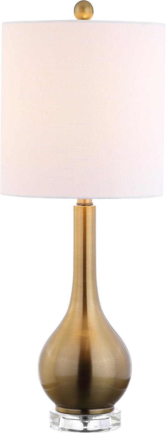 JONATHAN Y 25" Brass Gold Metal and Crystal Teardrop LED Table Lamp for Bedroom Living Room Bedside Nightstand, White Linen Drum Shade, LED Bulb Included JYL5010A