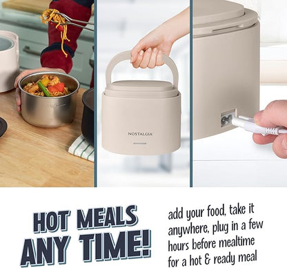 Nostalgia Portable Heated Lunch Box – 2.5-Cup Stainless Steel Food Warmer – Detachable Cord, Leak-Proof Lid, Carry Handle – Portable for Work & Travel – Oatmeal