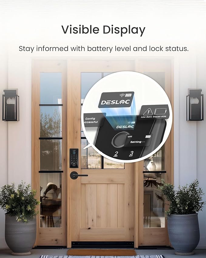 DESLOC D110 Plus Built-in Wi-Fi Smart Lock with 2 Lever Handles, Fingerprint Keyless Entry Door Lock Set, Touchscreen Keypad Deadbolt with Backlit, Remote Control, BHMA 3, IP54 Waterproof, Auto Lock