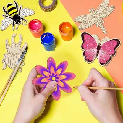 80PCS Wooden Spring Ornaments to Paint, 8 Styles DIY Blank Unfinished Wood Insect Cutouts Ornament for Crafts Hanging Decorations, Dragonfly Butterfly Flower Shape Home Decorations Gifts