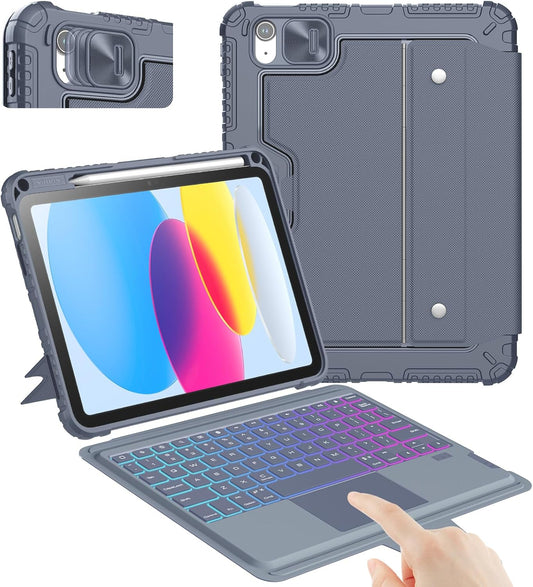 Nillkin iPad A16 (11th Gen) / 10th Gen Case with Detachable Keyboard, Magic Trackpad, 7-Color Backlit, Portrait/Landscape Modes, Rugged Keyboard Case for iPad 11th / 10th Generation (2025/2022), Gray