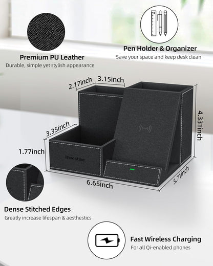 Wireless Charger with Desk Organizer, Pen Pencil Holder, Multifunctional Desktop Organizer, Office Supplies and Desk Accessories Organizer with 3 Compartments and 1 Phone Stand