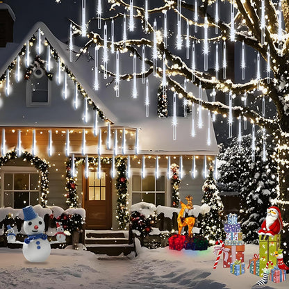 Christmas Lights Outdoor, Meteor Shower Lights 8 Tubes 192LED UL Certified Snow Falling Rain Cascading Icicle Light for Xmas Tree Christmas Decorations Outdoor Wedding Party Window, White