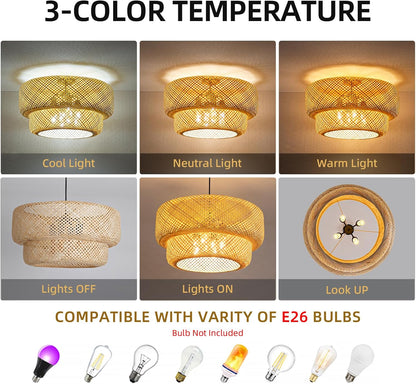 23.62" Bamboo Pendant Light,4-Light Boho Rattan Hanging Light,Hand Woven Wicker Chandelier for Kitchen Island for Kitchen Island Dining Bedroom Living Room Restaurants