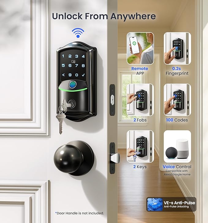 Veise VE027 Built-in Wi-Fi Smart Lock, Fingerprint Keyless Entry Front Door Lock, App Remote & Voice Control, No Hub Needed, Touchscreen Keypad Deadbolt, IP65 Waterproof, BHMA Grade 3, Matte Black