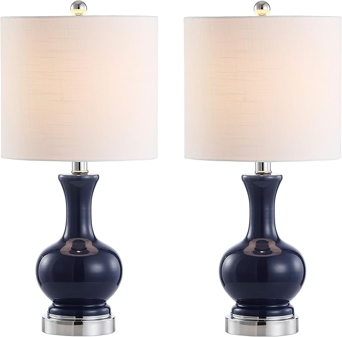 JONATHAN Y 22" Navy/Chrome Modern Glass Table Lamp Set of 2, Brass Gold Bedside Lamp with White Linen Shade for Bedroom Living Room, LED Bulbs Included (JYL4033C-SET2)