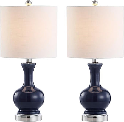 JONATHAN Y 22" Navy/Chrome Modern Glass Table Lamp Set of 2, Brass Gold Bedside Lamp with White Linen Shade for Bedroom Living Room, LED Bulbs Included (JYL4033C-SET2)